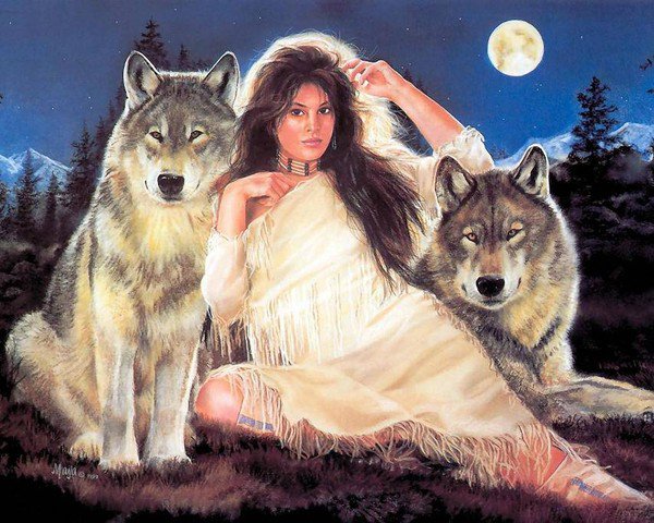 ИНДЕЙСКИЕ МОТИВЫ - картина, древные народы, индейцы, волк, полнолуние, хищник - оригинал
