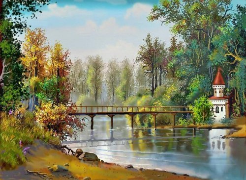 пейзаж - пейзаж, парк, живопись, природа, река, лес, картина - оригинал