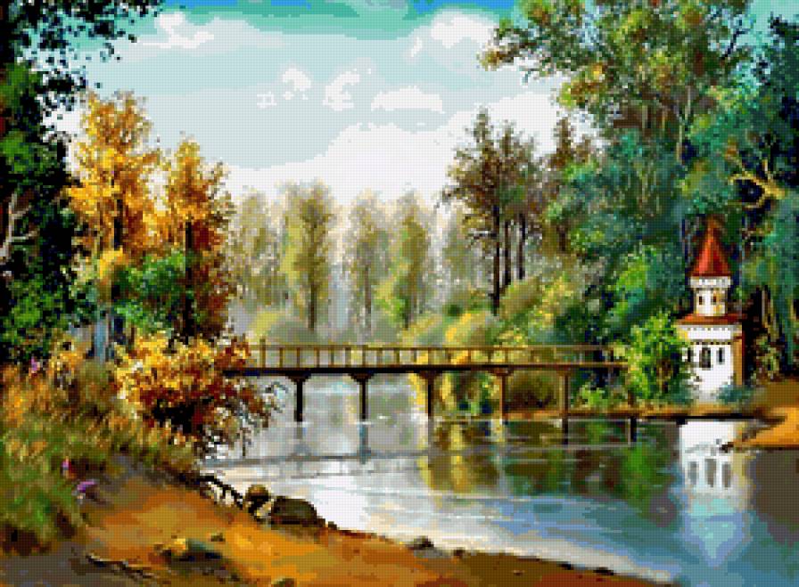 пейзаж - картина, природа, пейзаж, лес, живопись, река, парк - предпросмотр