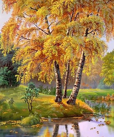 золотая осень - пейзаж, парк, живопись, природа, лес, картина, река - оригинал