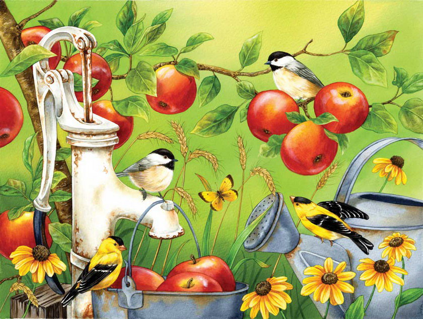 Летом в саду - фрукты, природа, лето, картина, птицы - оригинал