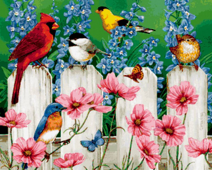 Летом в саду - картина, птицы, природа, цветы, лето - предпросмотр
