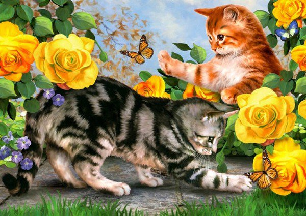 кошки и бабочки - животные, цветы, природа - оригинал