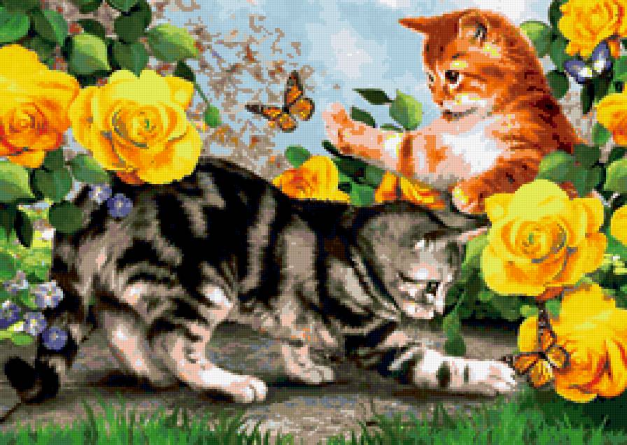 кошки и бабочки - животные, цветы, природа - предпросмотр