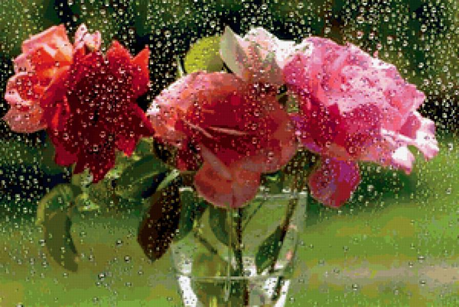 Розы под дождем - дождь, букет, цветы, розы - предпросмотр