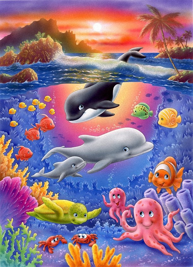 Дельфины - подводный мир, море, детское, рыбки, яркое, мама, малыш - оригинал