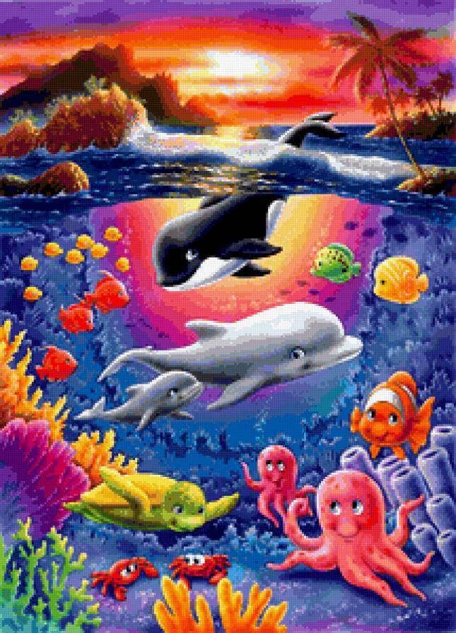 Дельфины - малыш, море, мама, детское, яркое, подводный мир, рыбки - предпросмотр