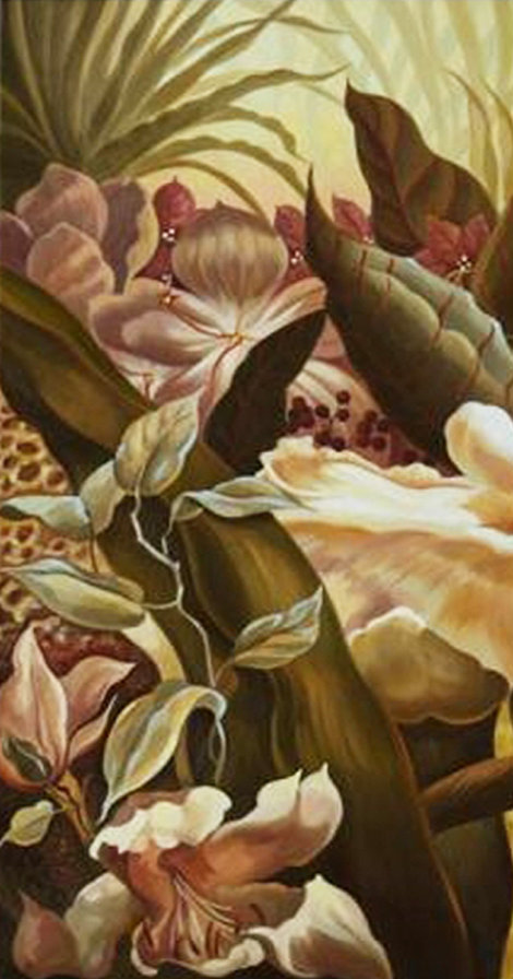 триптих - Райский сад (левая часть) - триптих, ирисы, стрелиция, гибискус, бабочки, цветы - оригинал
