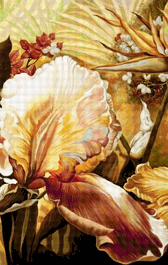 триптих - Райский сад (центральная часть) - цветы, триптих, бабочки, ирисы, стрелиция, гибискус - предпросмотр