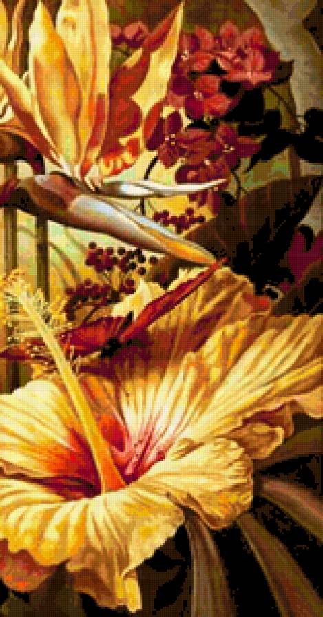 триптих - Райский сад (правая часть) - гибискус, стрелиция, цветы, ирисы, триптих, бабочки - предпросмотр