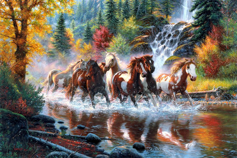 лошади - пейзаж, лошади, конь, лошадь, ручей - оригинал