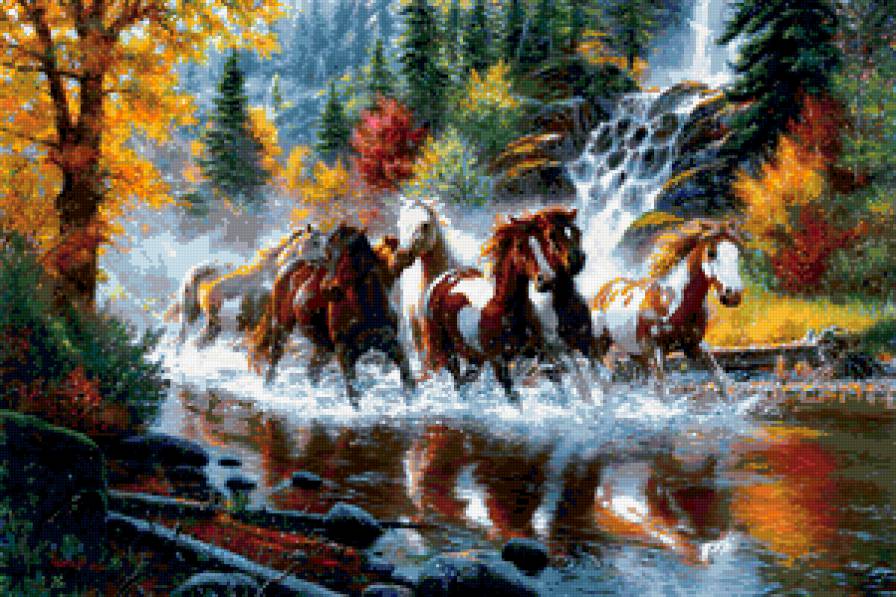 лошади - лошади, лошадь, пейзаж, ручей, конь - предпросмотр