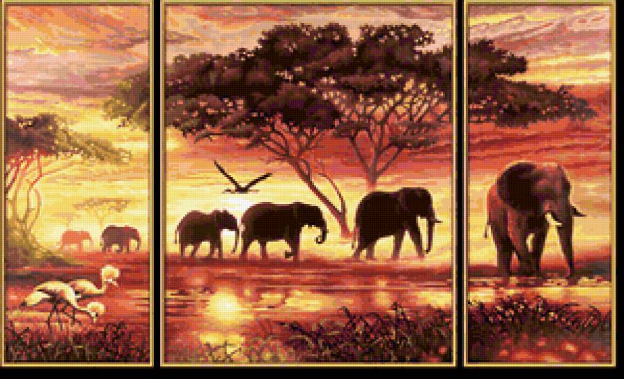 триптих - природа, слоны, триптих, слон - предпросмотр