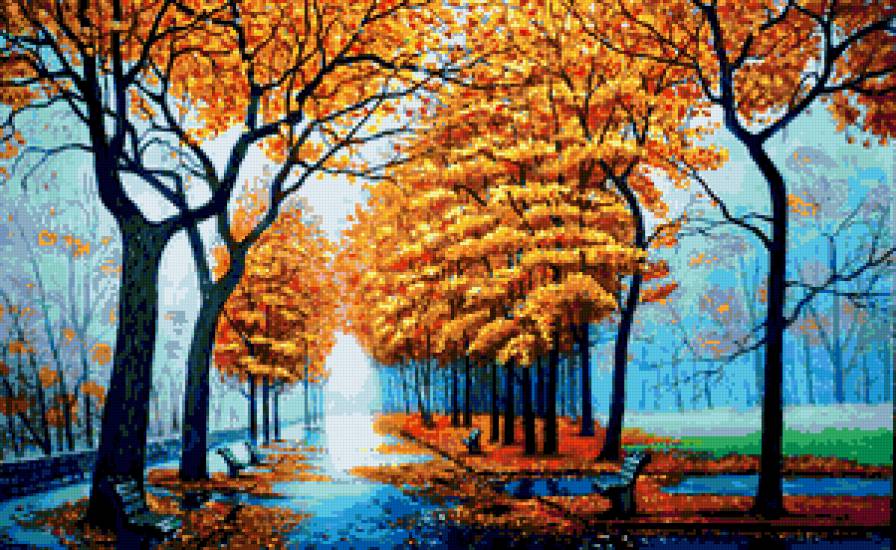 Осенний парк - осень, парк, дождь, листопад, осенняя картина, природа - предпросмотр
