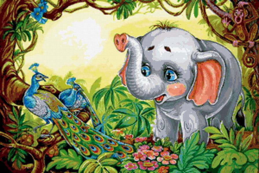 слон из джунгли - герои из мультика, мултяшные зарисовки, павлин - предпросмотр