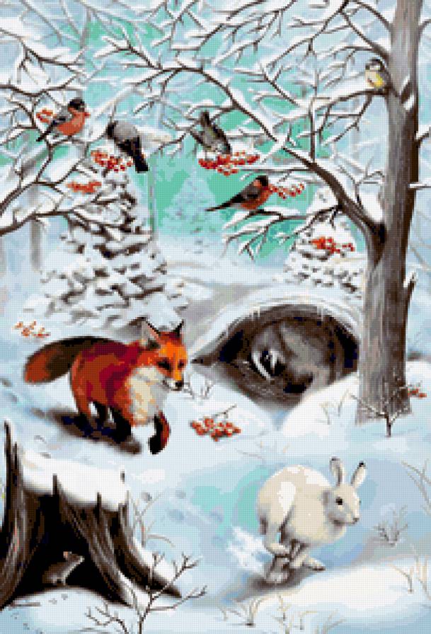 придода - птицы, животные, зима, лес, лиса, снег, заяц - предпросмотр