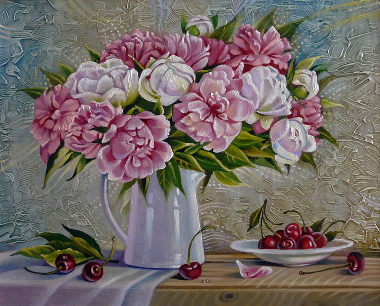 натюрморт - ягоды, вишни, пионы, ваза, цветы, пион - оригинал