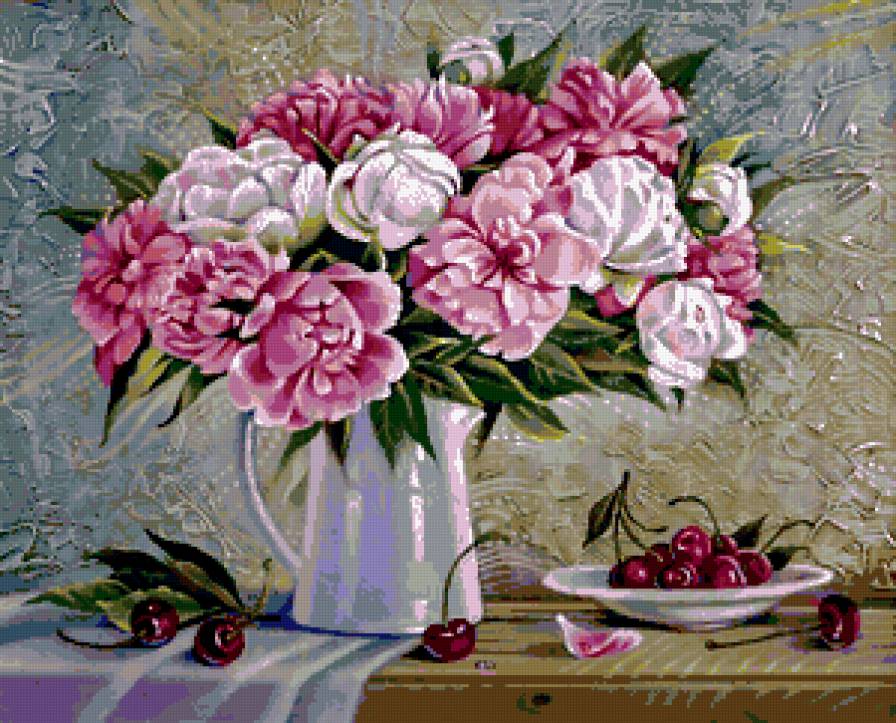 натюрморт - цветы, ваза, пионы, вишни, ягоды, пион - предпросмотр