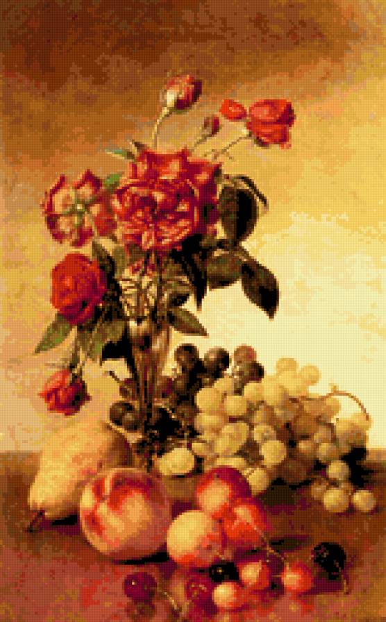 РОЗЫ И ФРУКТЫ - картина натюрморт виноград розы цветы фрукты - предпросмотр