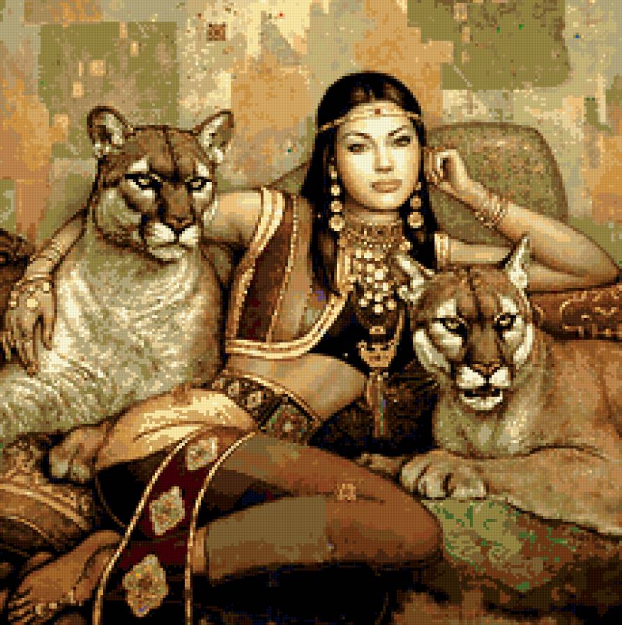 девушка со львами - кошки, львы, она, картина, животные, девушка - предпросмотр
