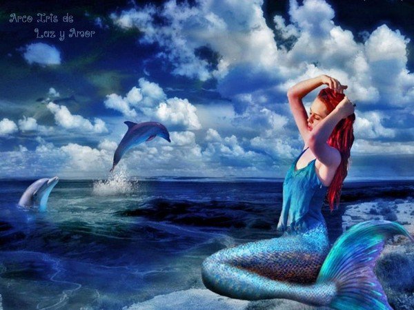 Русалка и дельфины - дельфины, картина, русалка, море - оригинал