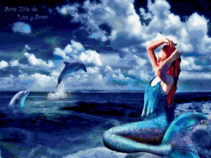 Русалка и дельфины - картина, дельфины, русалка, море - предпросмотр