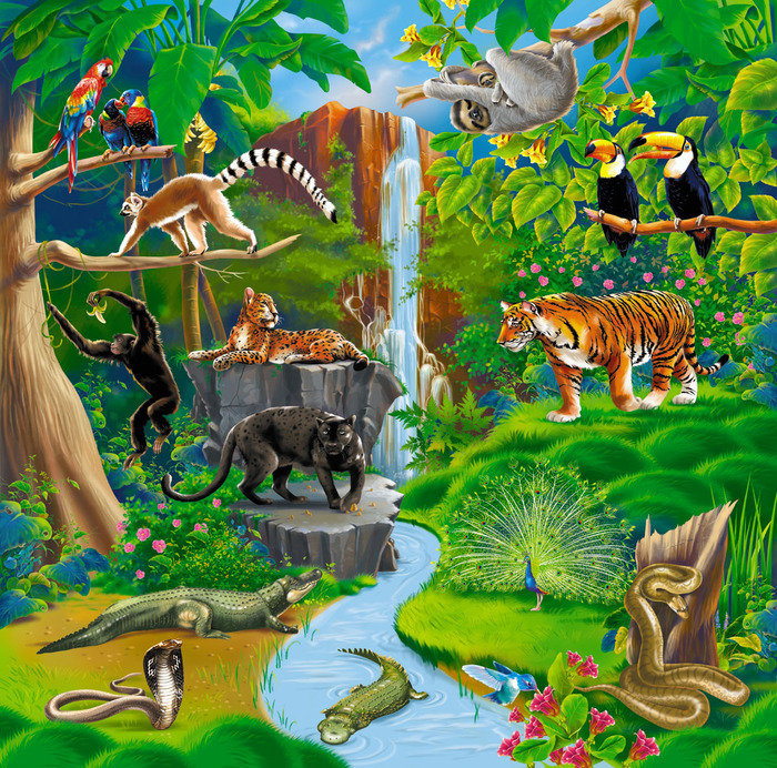 природа - животные, павлин, кошки, обезьяна, пантера, джунгли, хищники, тигр, змея - оригинал
