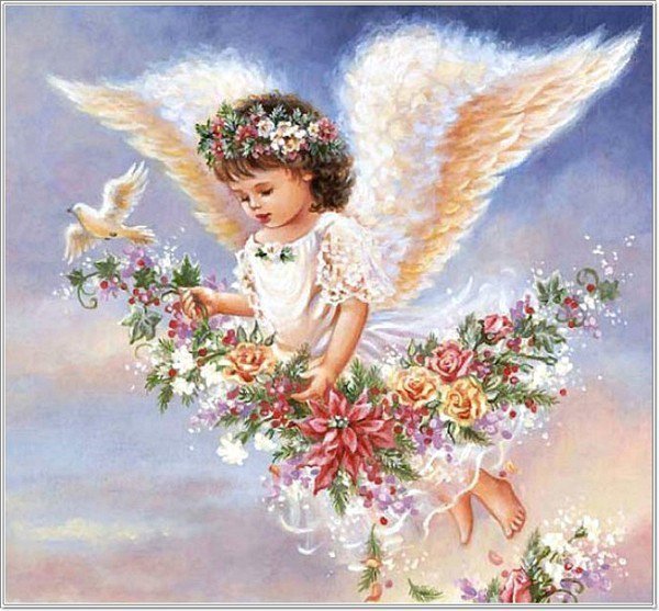 Ангел - цветы, ангел, религия, картина - оригинал