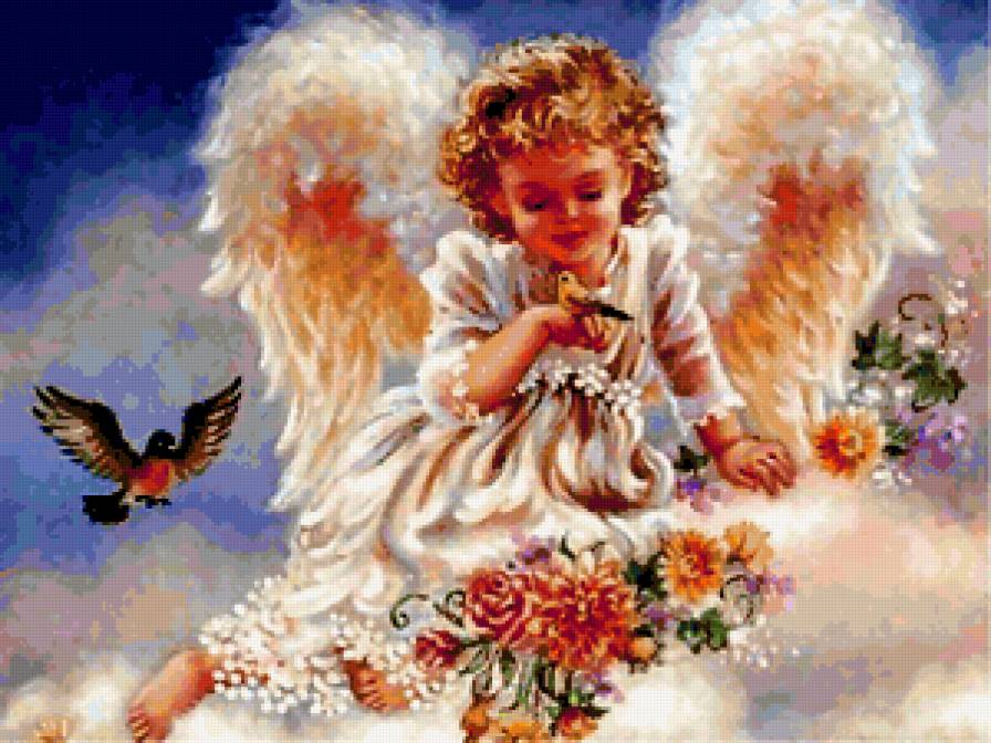 Ангел - цветы, религия, птицы, ангел, картина - предпросмотр