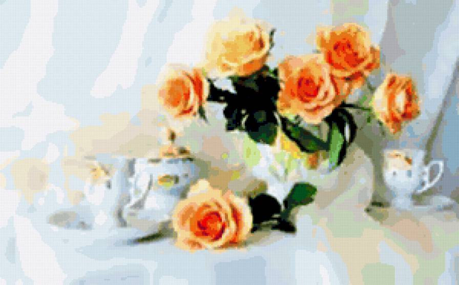 №249628 - цветы, розы, букет, кухня, чай - предпросмотр