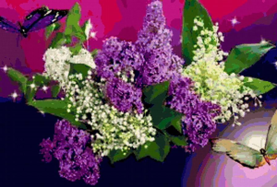 №249630 - бабочки, букет, сирень, цветы - предпросмотр