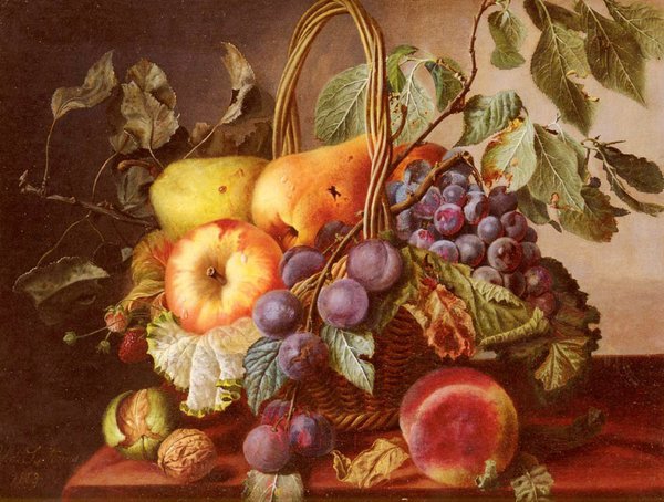 груши и виноград - натюрморт картина фрукты корзина виноград груши - оригинал