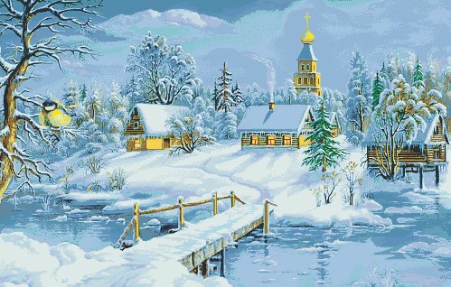 Снежная зима - зима, речка, дома, снегирь, мост, церковь, природа, снег, река - оригинал