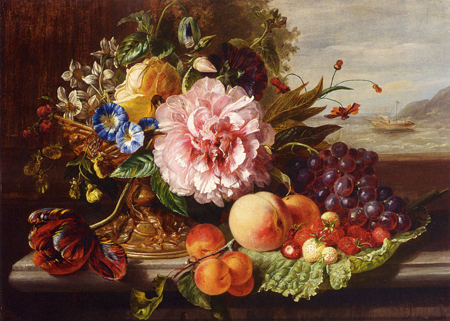 Голландский натюрморт - виноград, натюрморт, цветы, красивый, пион, фрукты - оригинал
