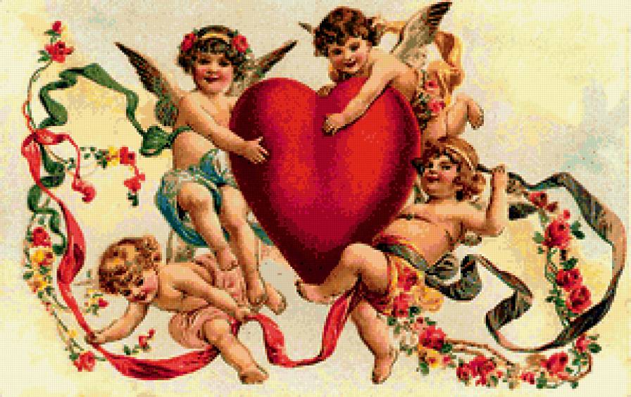 ангелочки - влюбленных, сердечко, винтаж, любовь, амур, валентина, валентинка - предпросмотр