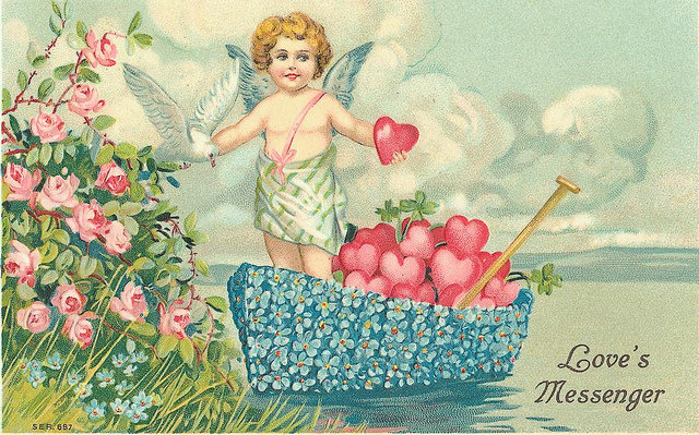 валентинка - ангелочек, лодка, сердечки, амур, голубь, валентина, ангел, винтаж - оригинал