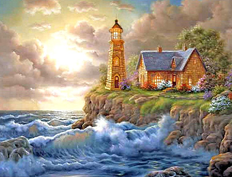 Морской пейзаж - маяк, пейзаж, домик, море - оригинал