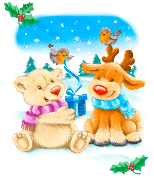 олененок и мишка - зверята, новый год, детям, детская, рождество, мультяшки, животные - оригинал