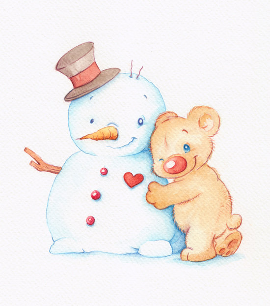 мишка и снеговик - зима, зверята, мультяшки, детям, детская - оригинал