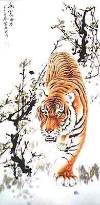 крадущийся тигр - хищник, япония, животное, тигр, гравюра - оригинал