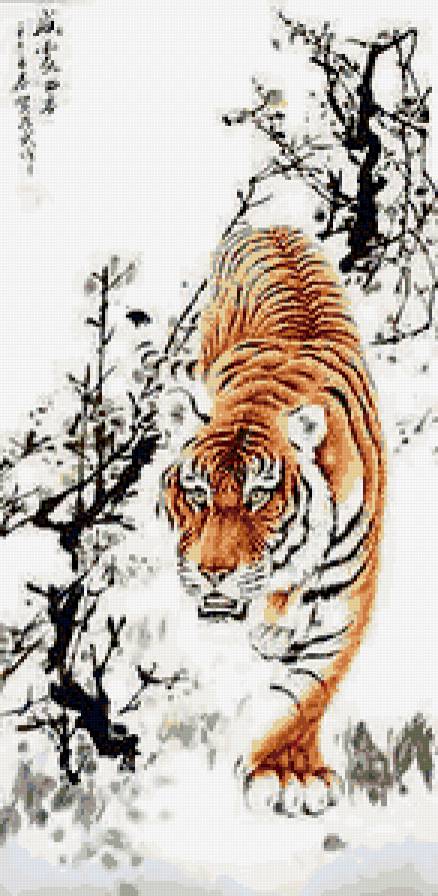 крадущийся тигр - хищник, япония, гравюра, тигр, животное - предпросмотр