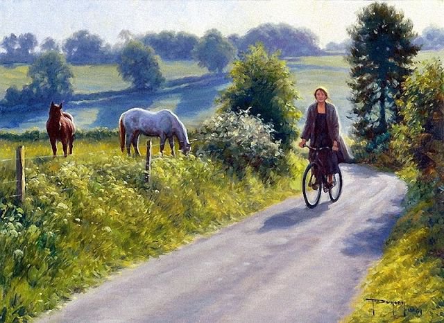 прогулка - портрет, живопись, женщина, девушка, природа, картина, лето, лошади - оригинал