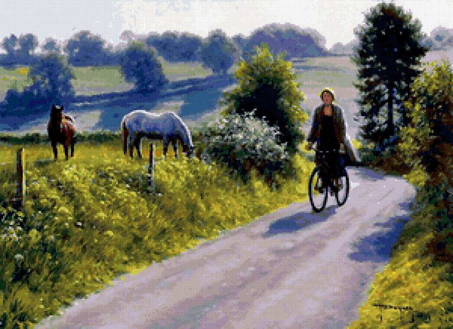 прогулка - портрет, лето, картина, природа, лошади, девушка, женщина, живопись - предпросмотр