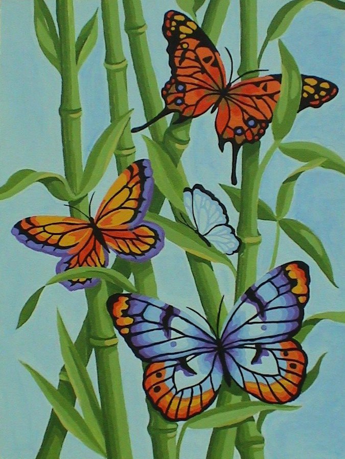 Бабочки на ветках - ветки, тростник, бабочки, лето - оригинал
