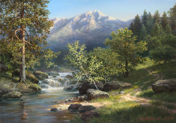 Альпы - сосны, горы, река, природа, лес - оригинал