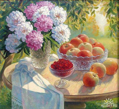 натюрморт - натюрморт картина ваза пионы цветы яблоки фрукты - оригинал