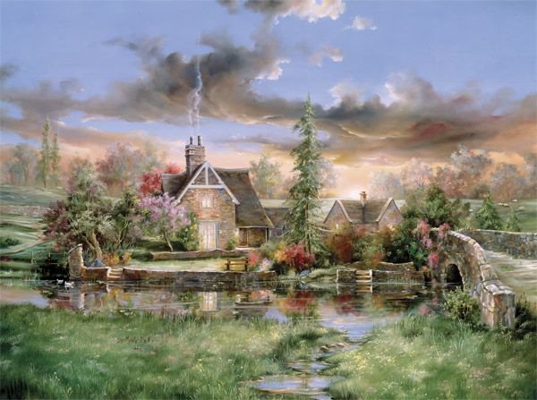Серия "Пейзажи" - домик, мостик, река, дорога, цветы, лето, пейзаж - оригинал