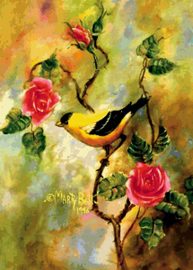 Серия "Птицы" - цветы, птицы, розы - предпросмотр