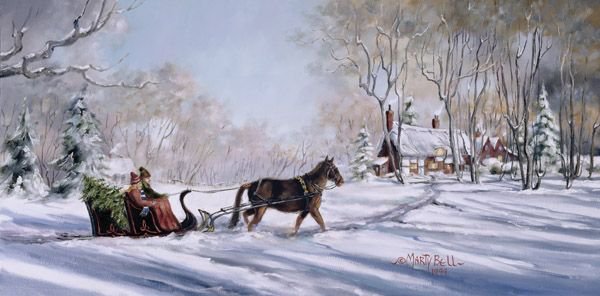 Серия "Пейзажи" - пейзаж, домик, животные, лошади, люди, зима - оригинал