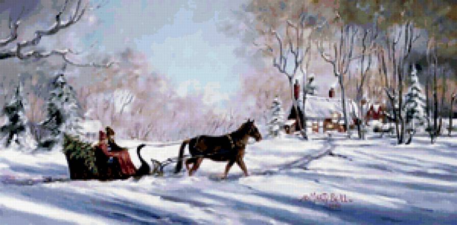 Серия "Пейзажи" - зима, животные, домик, люди, пейзаж, лошади - предпросмотр